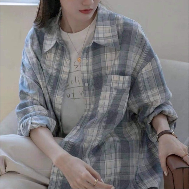 Sơmi caro xanh dáng rộng có túi ngực-chicclothes