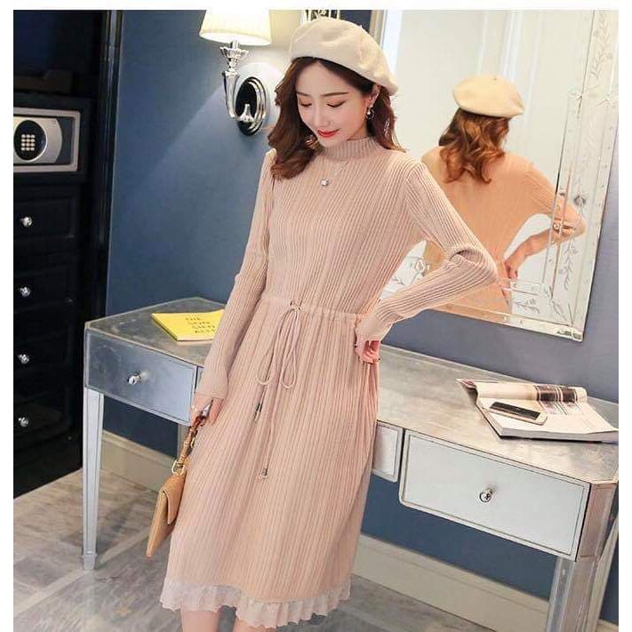 Đầm bầu thu đông: váy len thắt eo phối ren nữ tính - kèm ảnh thật