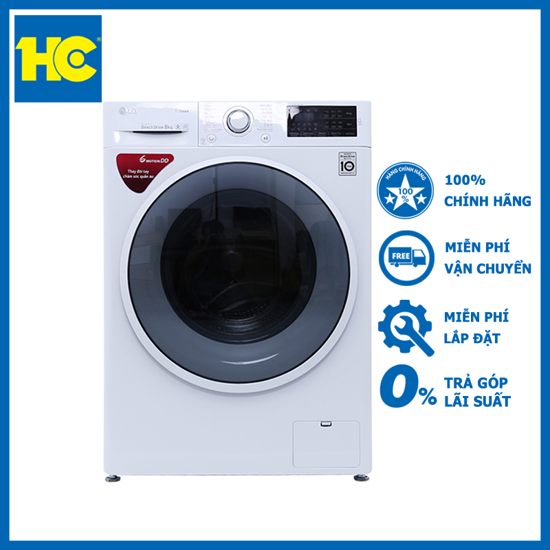 [Trả góp 0%][HC Hme Center] Máy giặt cửa trước lồng ngang LG Inverter FC1408S4W2 8kg tốc độ quay vắt 1400 vòng/phút kiểu động cơ truyền động trực tiếp tiết kiệm điện (Trắng)