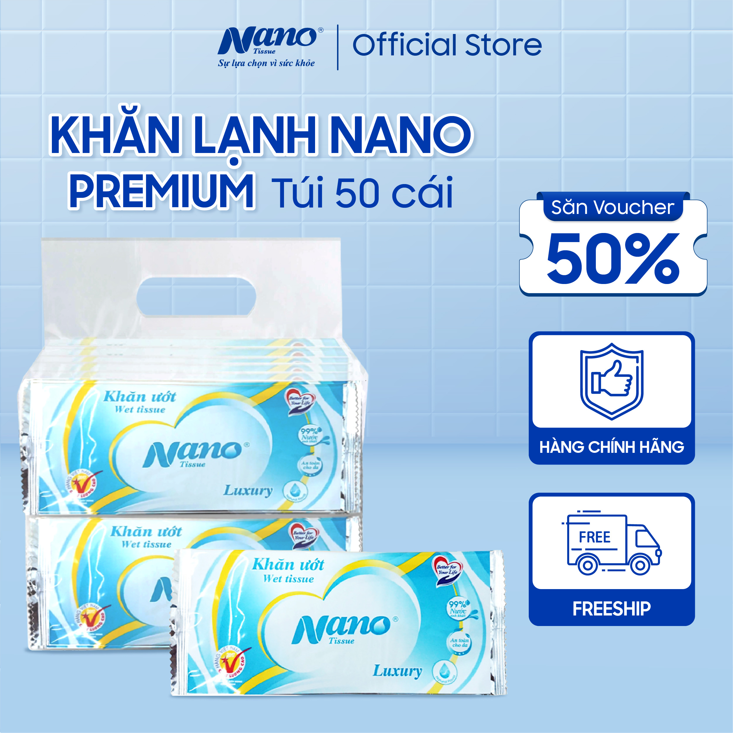 Khăn lạnh Nano Premium gói 50 khăn, khăn ướt một tờ, Khăn giấy ướt loại dày an toàn tiện lợi - Nano Tissue