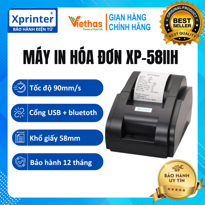 Máy in nhiệt Xprinter 58IIH USB tặng kèm 5 cuộn giấy K57 - Máy in hóa đơn, in bill bán hàng 57mm trên máy tính