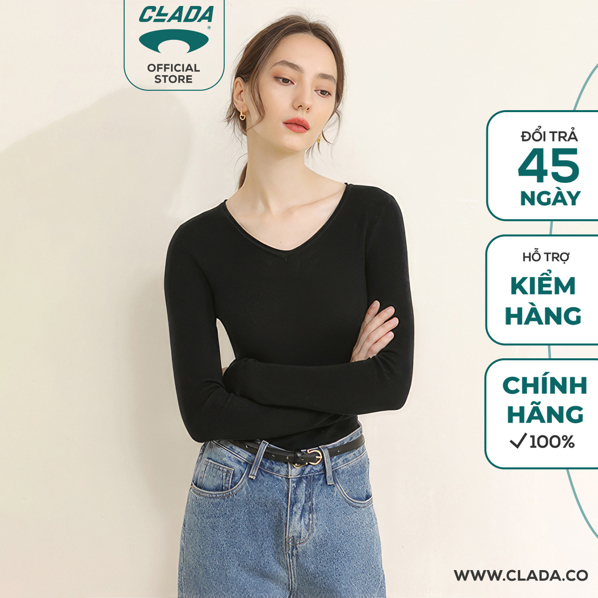 Áo dài tay cổ v clada essential
