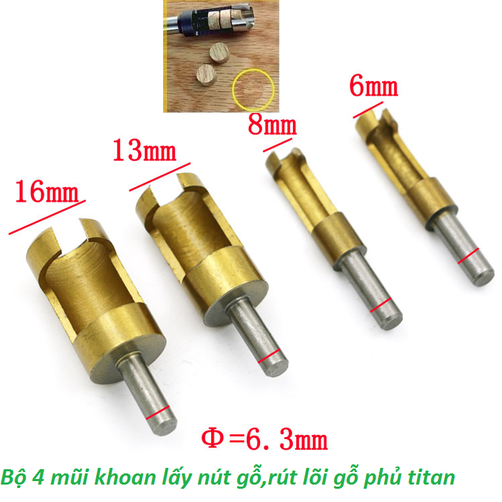 Bộ 4 mũi khoan lấy nút gỗ, lấy chốt gỗ - Mũi khoan gỗ, mũi khoan gỗ