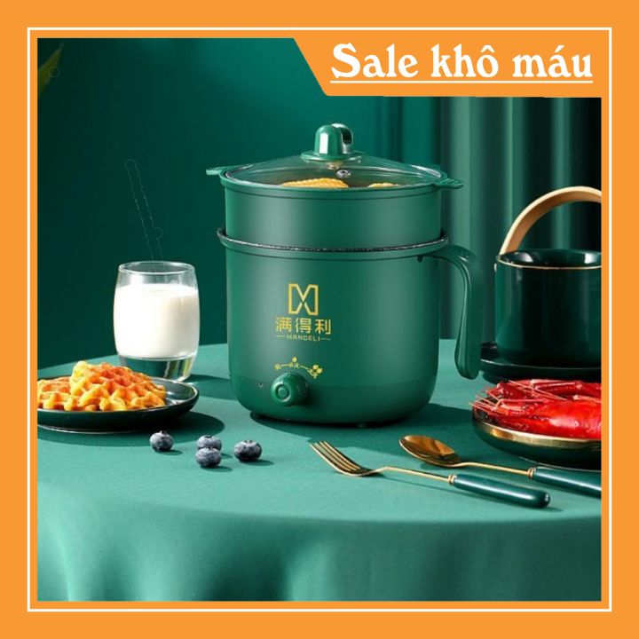 Nồi lẩu điện mini đa năng chống dính, xửng hấp 2 tầng dung tích 1.8l nấu lẩu, hấp trứng, nấu cháo + tặng kèm khay hấp