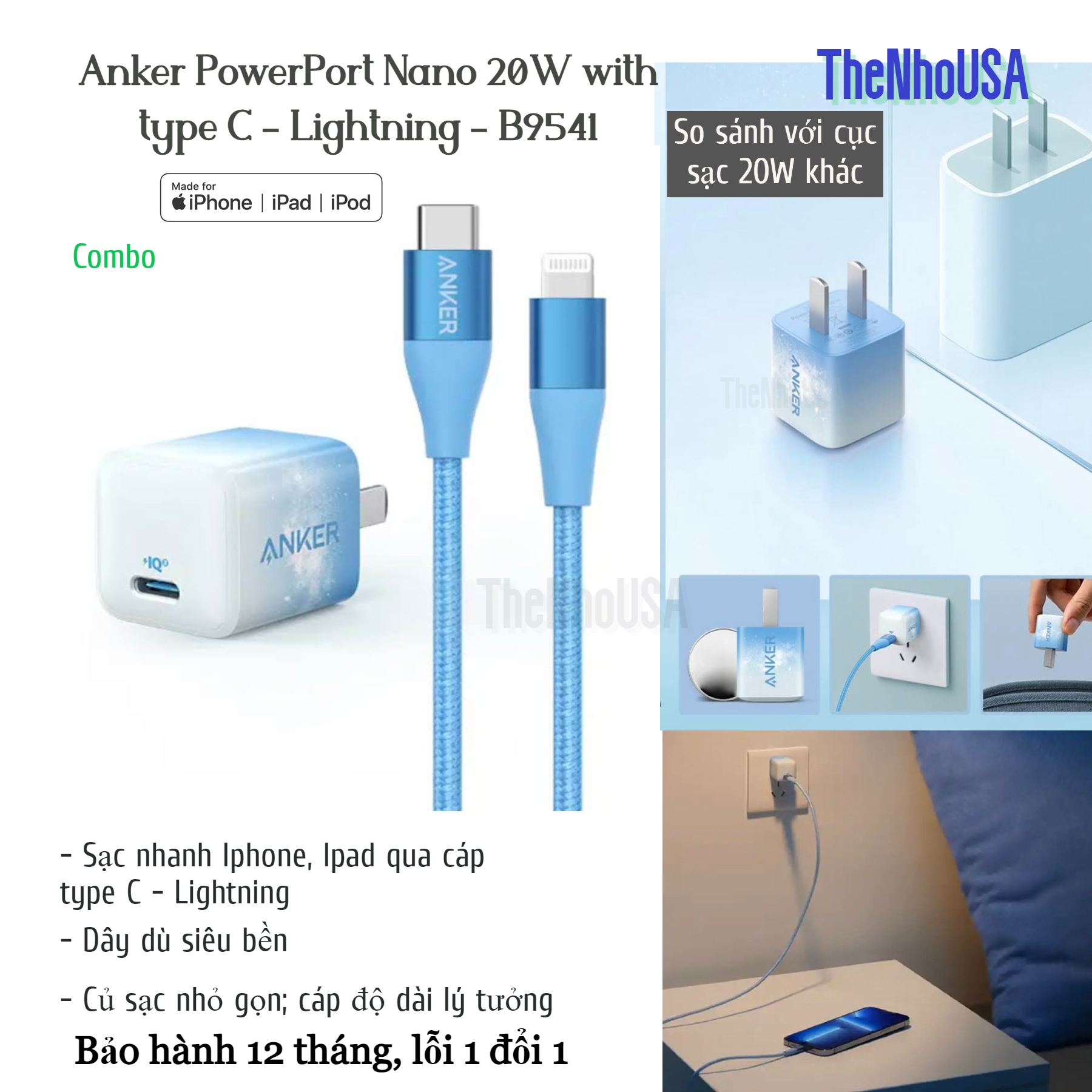 Combo Sạc nhanh Anker PowerPort Nano Powercore III 20w - B9541 dây dù [BH 12T]