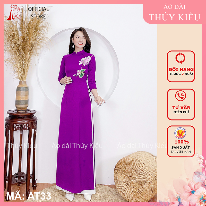 Áo dài lụa Tây Thi cổ 2 phân tím huế thêu hoa mộc lan AT33