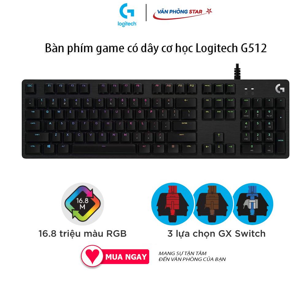 Bàn phím cơ Logitech G512 RGB GX switch LED RGB 16.8 sử dụng switch Logitech GX mới nhất Vanphongstar