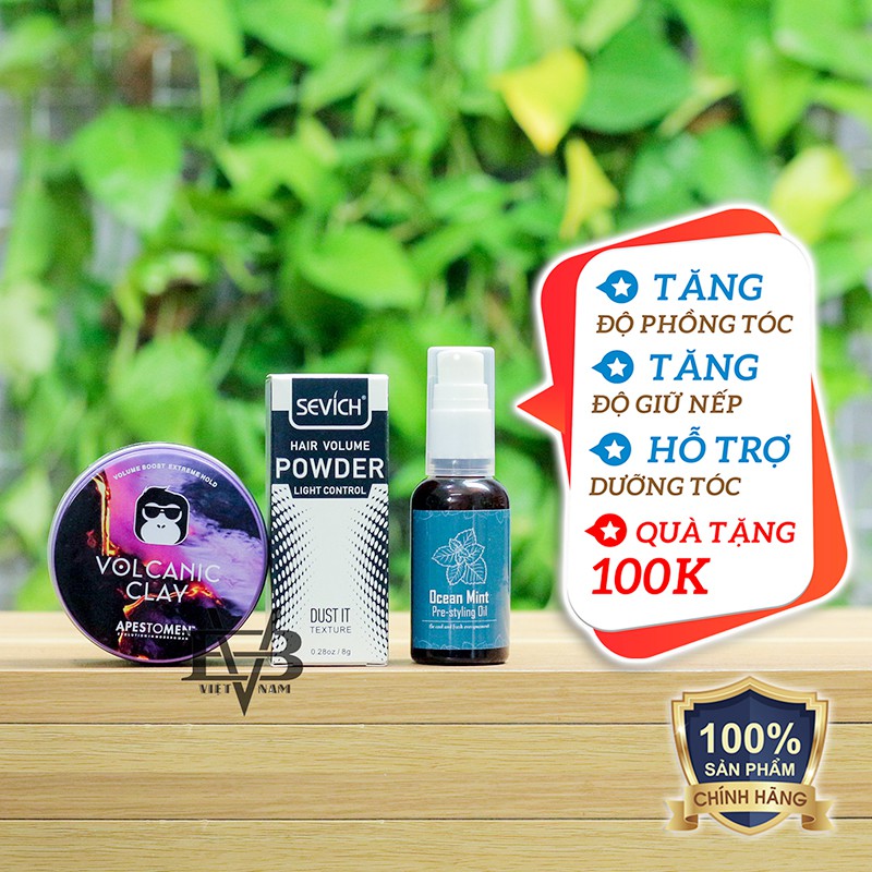Sáp vuốt tóc apestomen volcanic clay 2020 80ml + bột tạo phồng sevich 8gr + tặng pre styling ocean mint 30ml v2