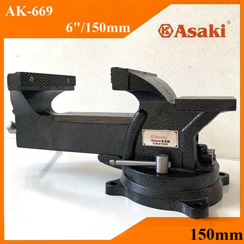 Ê tô bàn nguội asaki ak-669 - ê tô mâm xoay linh hoạt 360 độ, quai kẹp rộng 150mm/6 inch
