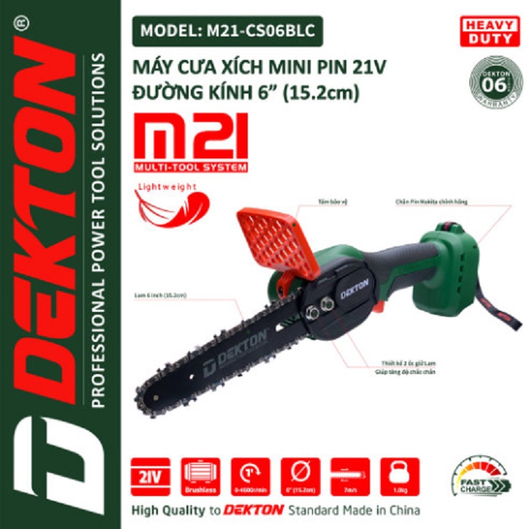 Máy cưa xích mini 6"inch dekton / m21-cs06blc / motor brushless / chân pin phổ thông makita 18v