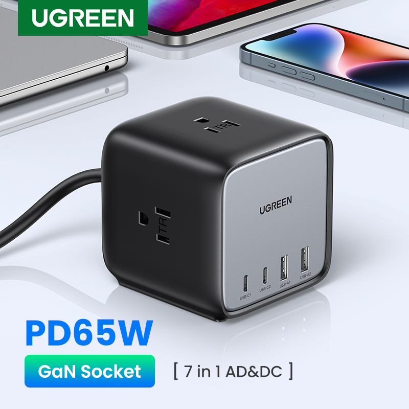 Ugreen 65w charging station diginest usb cextension cord outlet extender 7-in-1 power strip with 3 ac outlets and 4 usb ports, pd fast charging for macbook pro iphone 15 14 13 pro max iphone 14 plus