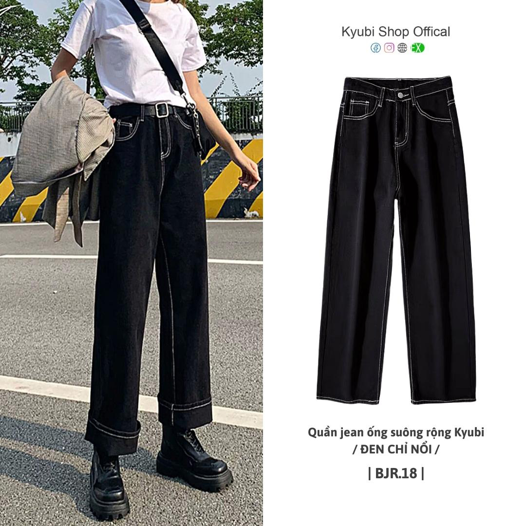 [VOUCHER 12%/149K] Quần jean nữ suông rộng cạp cao ulzzang KYUBI EMEE chỉ nổi (Có bigsize ) - quần jean ống rộng Hàn Quốc Kyubi BJR18