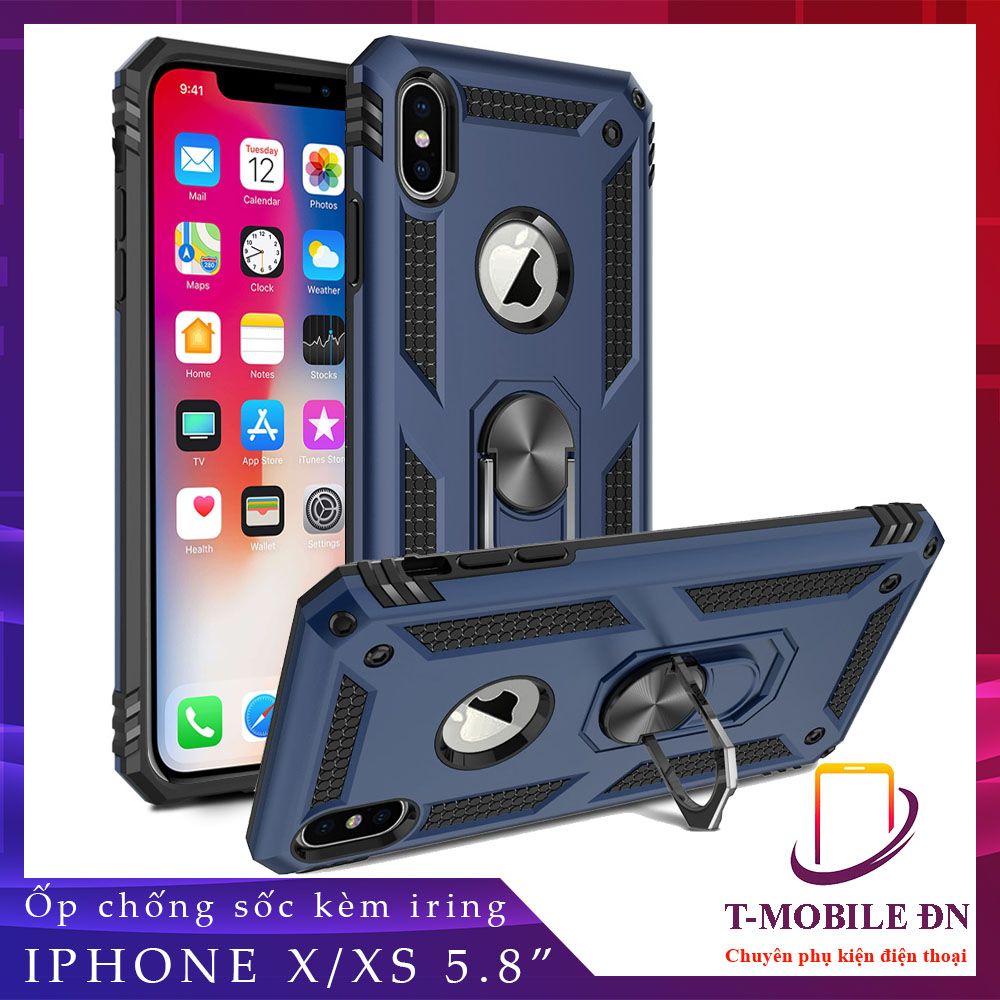 Ốp lưng dành cho iPhone X XS chống sốc 2 lớp kèm nhẫn iring làm giá đỡ bảo vệ máy toàn diện chuẩn châu âu