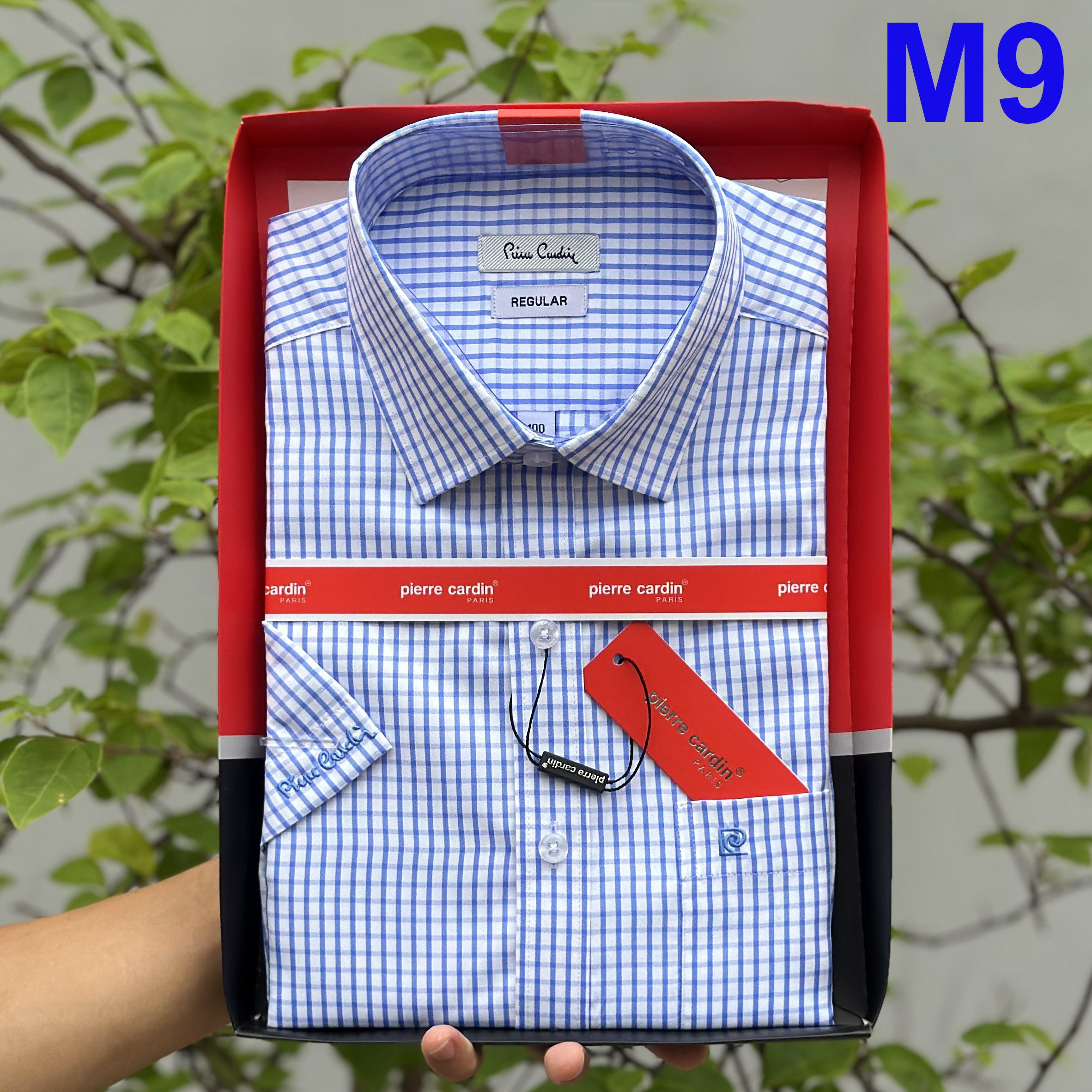  Áo Sơ Mi Pierre Cardin Áo Sơ Mi Ngắn Tay Chính Hãng Xanh Lam Điểm Họa Tiết Vạt Ngang Cúc Khắc Chữ M9 Xuất Dư Hàn 