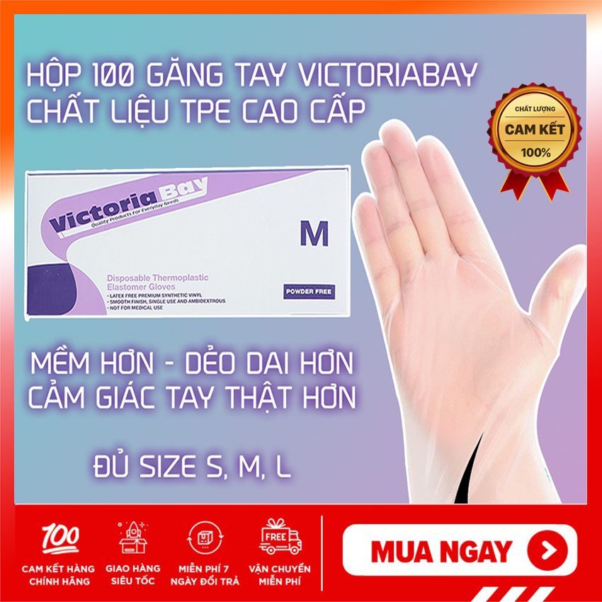 Hộp 100 găng tay Victoria Bay chất liệu TPE, Bao tay cao su rửa bát làm bếp vệ sinh siêu dai không mùi không bột cao cấp