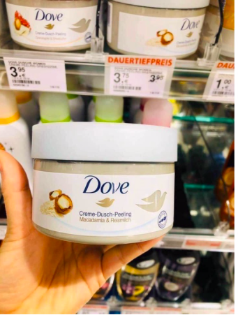Tẩy tế bào chết Dove 225ml Macadamia & Rice Milk : hạt macca & sữa gạo