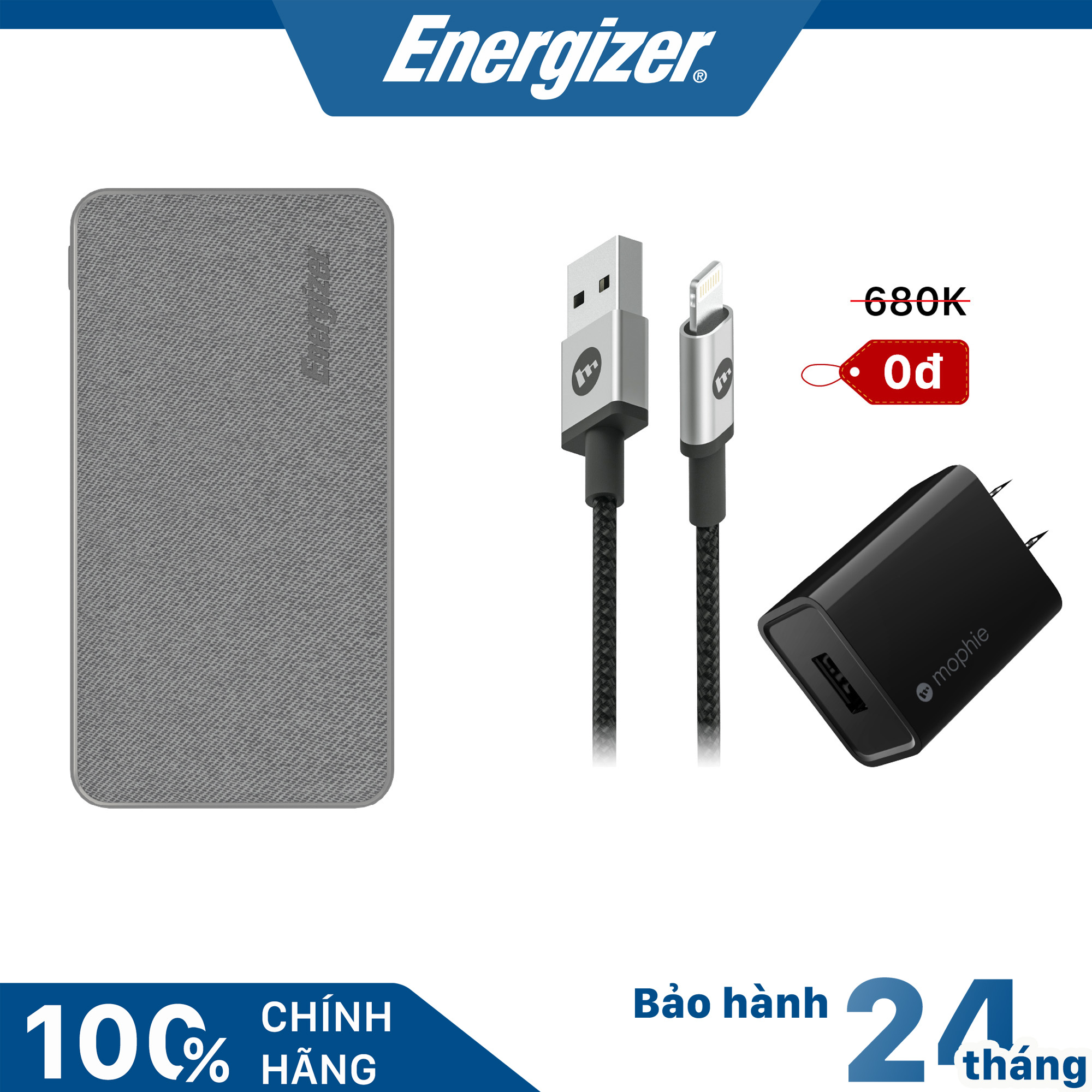 Combo pin energizer 10000mah ue10043, cốc sạc mophie 10w, cáp a to lightning 1m - hàng chính hãng