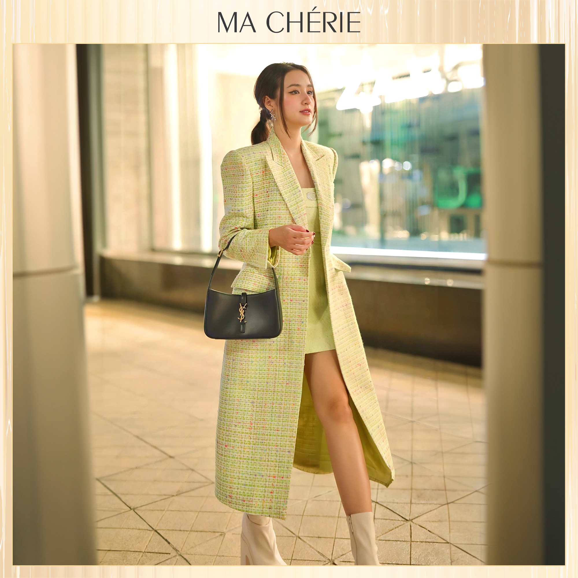 Áo blazer nữ dáng dài bella thiết kế dạ khâu tay cao cấp chất liệu tweed ma chérie - avmc220704b