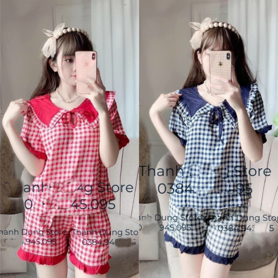 Đồ ngủ đùi caro vải kate lụafreesize dưới 54kg
