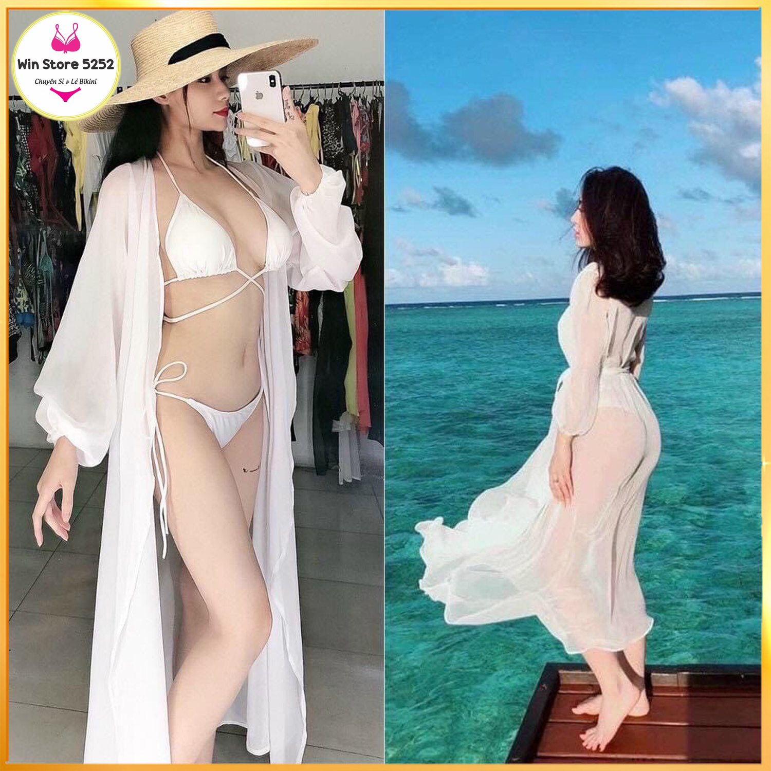 Áo choàng đi biển # Áo khoác ngoài bikini kimono voan cao cấp AC-027