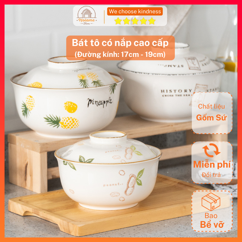 Tô sứ, bát tô sứ có nắp họa tiết dứa, tem thư, củ lạc dùng đựng canh, ăn mì