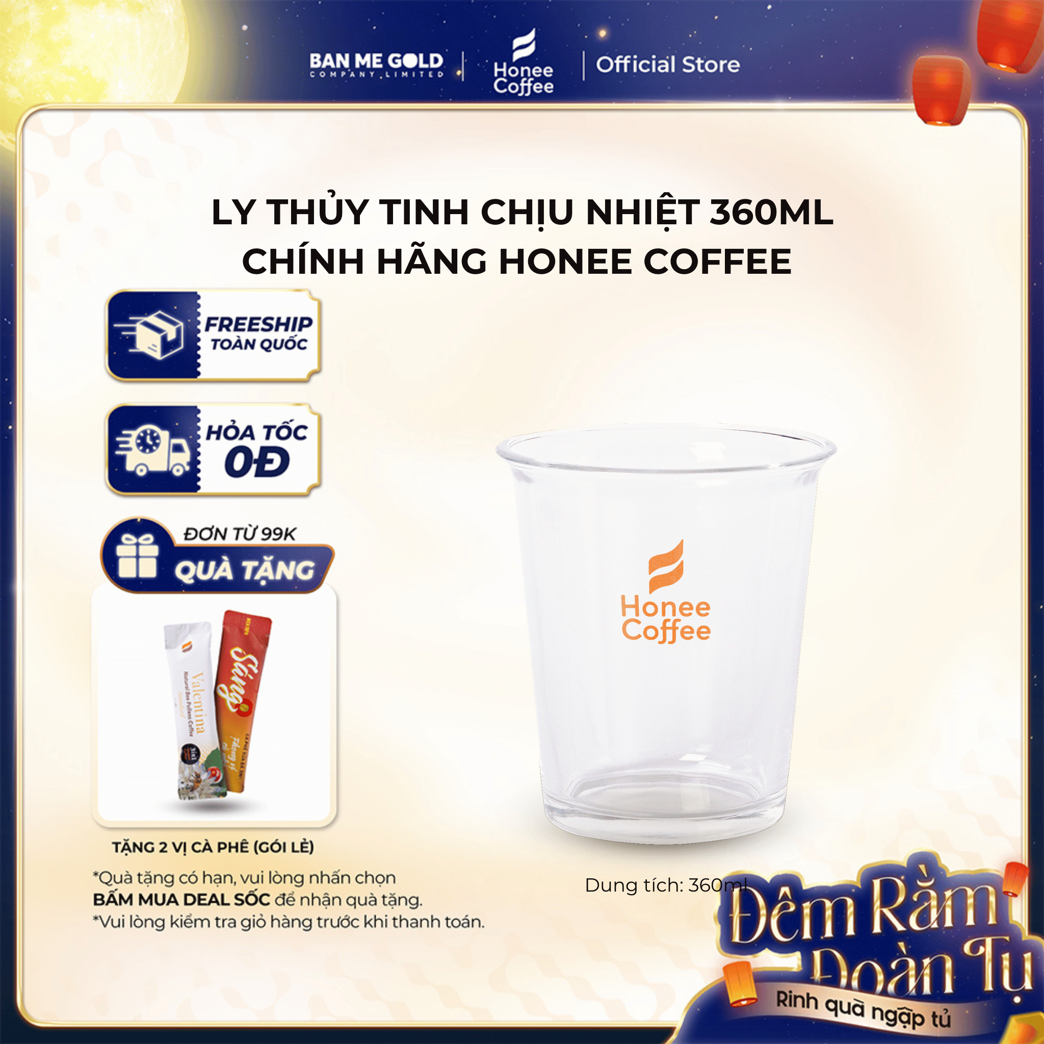 Ly Thuỷ Tinh Cao Cấp Chịu Nhiệt (360ml) Cốc Thuỷ Tinh Siêu Dày Chính Hãng Honee Coffee - Ban Me Gold