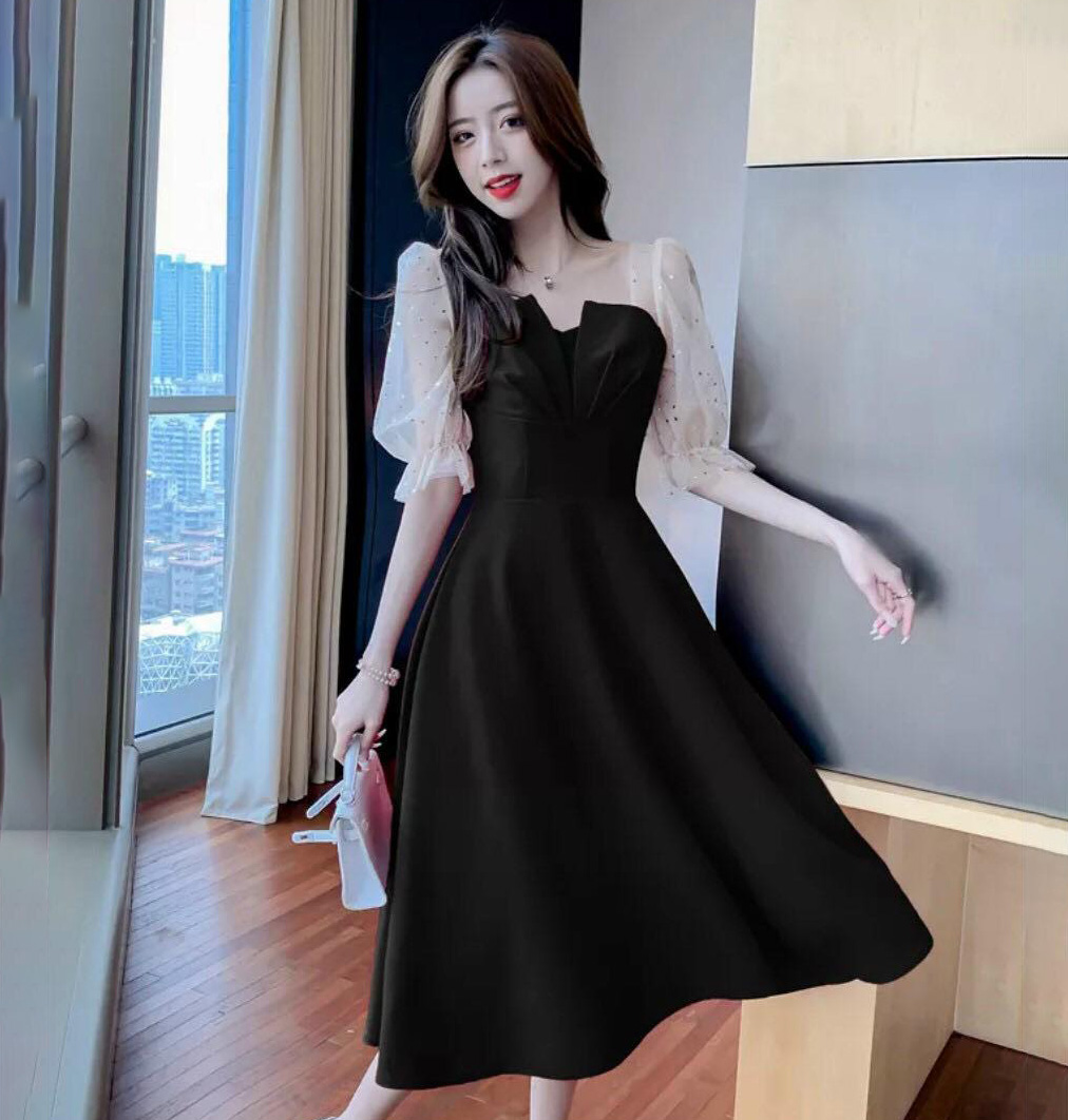 Đầm váy nữ hàng mới xếp ly ngực phối tay lỡ lưới kim sa diện đồ đi tiệc siêu xịn sò