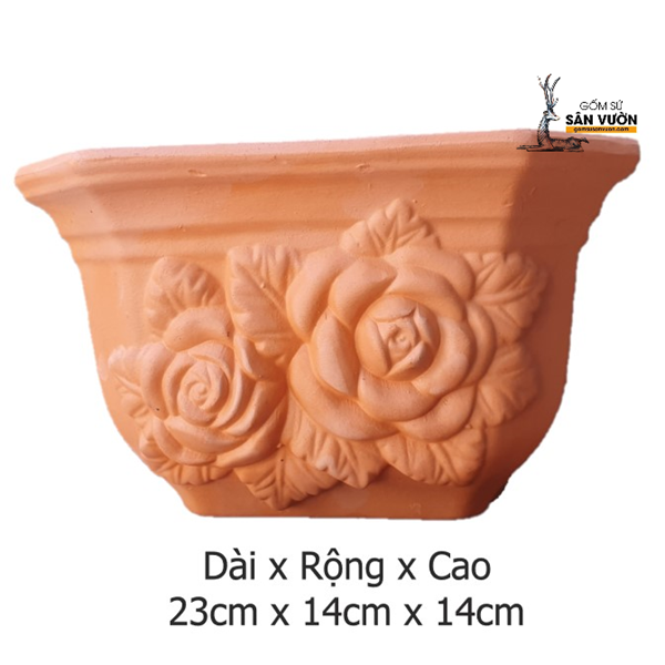 Chậu treo trồng cây gốm đất nung (terracotta) áp tường, vân hoa hồng, size NHỎ 23x14x13cm gốm sứ sân vườn Bình Dương