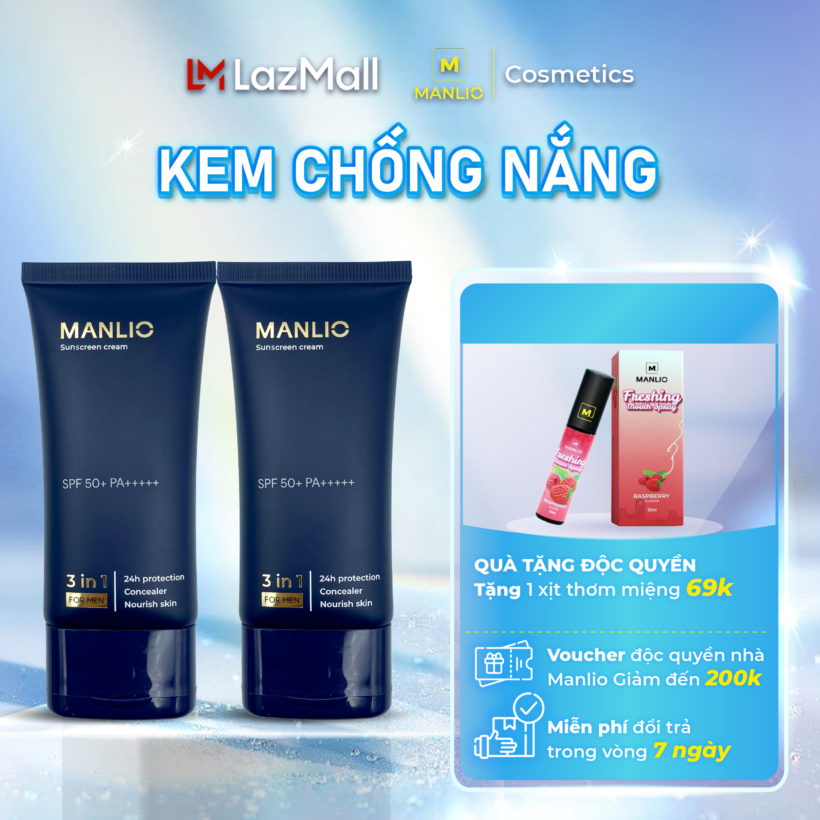 Kem chống nắng cho nam nâng tone, kiềm dầu, chống ánh sáng xanh Manlio Sunscreen SPF 50+ Pa+++++ 45g