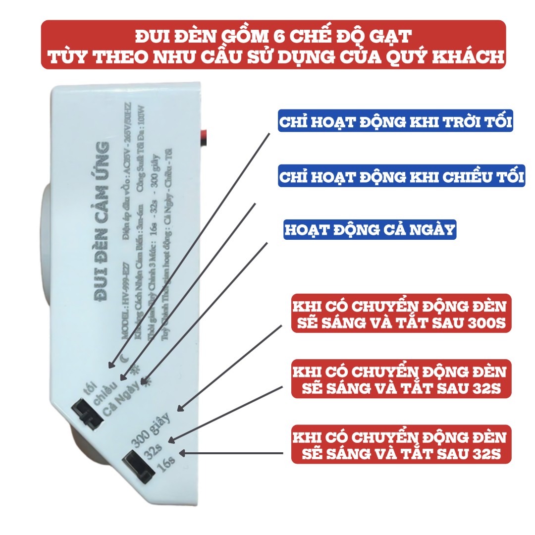 Đui đèn cảm ứng chuyển động hồng ngoại E27 bật tắt tự động Loại tốt-có nút điều chỉnh Phiên Bản Tiếng Việt K241