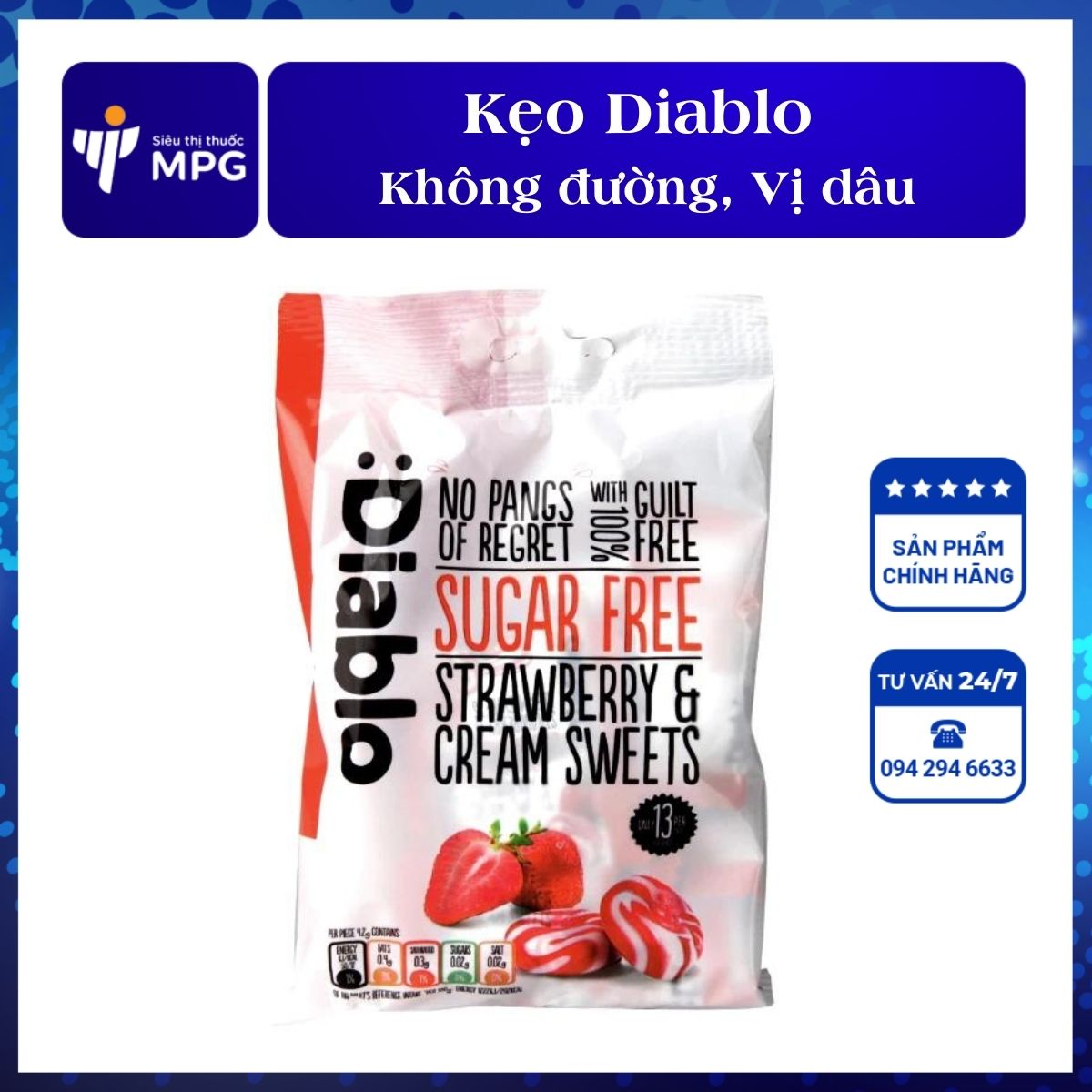 Kẹo ăn kiêng Diablo vị dâu, không đường  – Cho người ăn kiêng, giảm béo