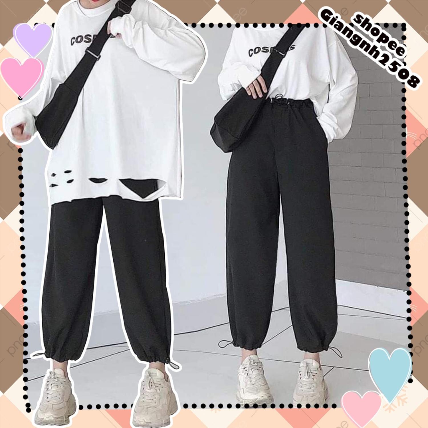 SQ009 Bộ áo thun dài tay rách Cosmos form rộng và quần Jorgger đen gấu bo unisex, bộ áo phông trắng oversize quần dài