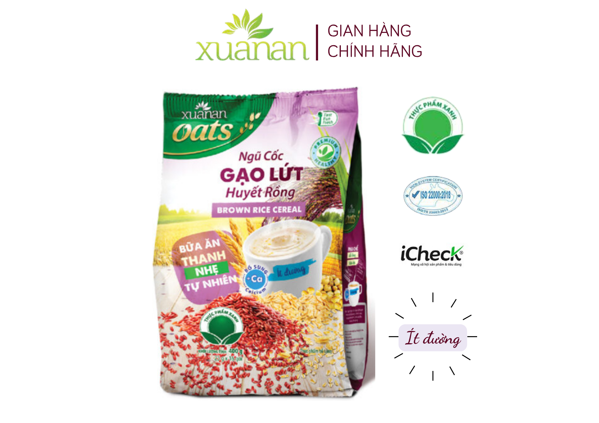 Ngũ Cốc Gạo Lứt Huyết Rồng Xuân An [ít đường] Túi 400G {25g*16 gói} (Tặng Kèm 1 Túi Yến Mạch 150G)