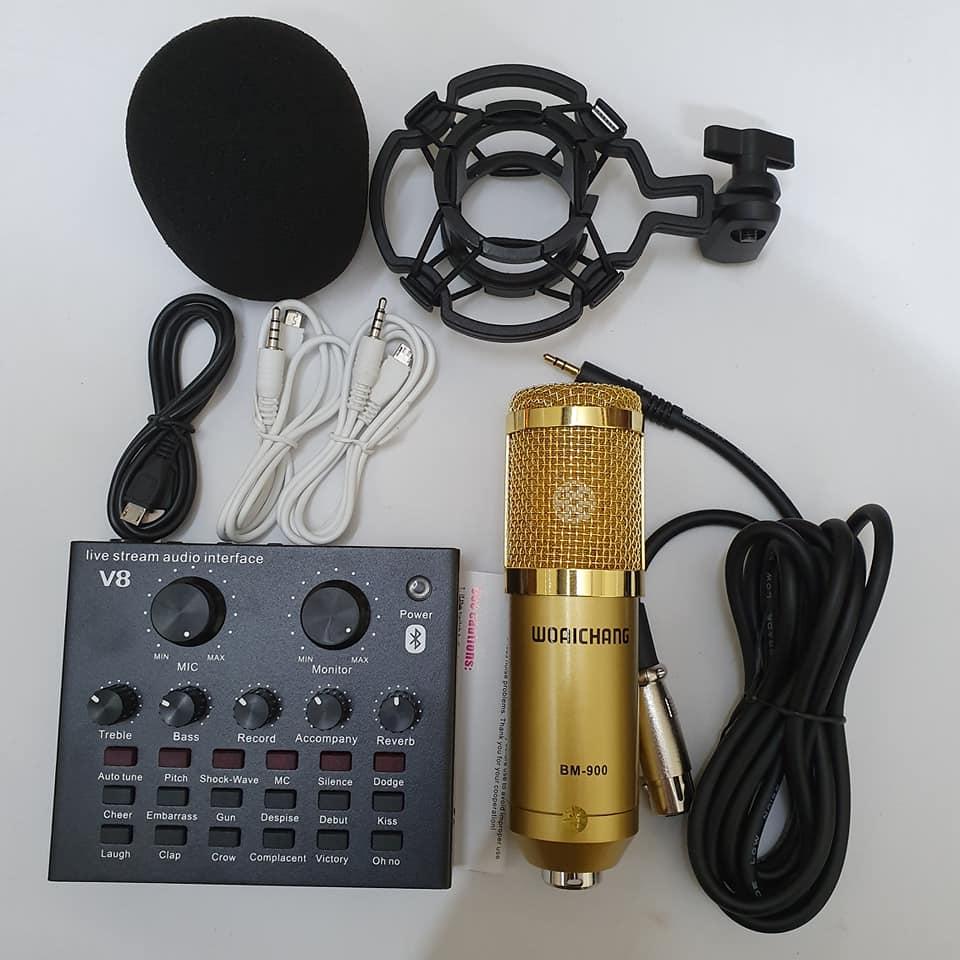 combo bộ mic thu âm livestream hát karaoke online micro woaichang bm900 card v8 bluetooth