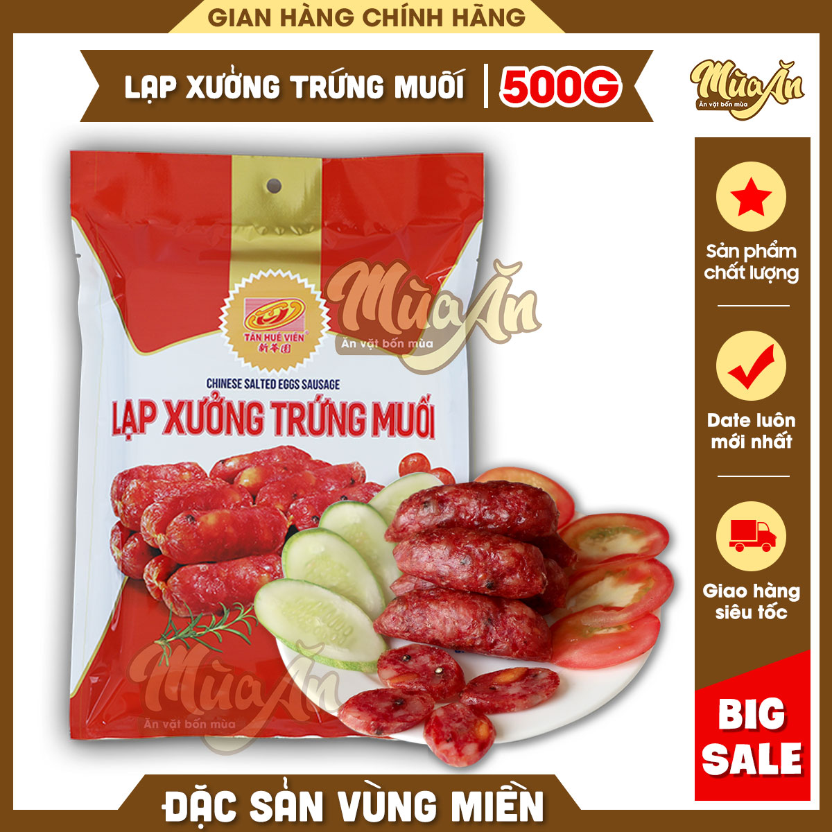 Lạp xưởng trứng muối Tân Huê Viên Mai Quế Lộ, đặc sản lạp xưởng Sóc Trăng chính gốc túi 500g,Lạp xưởng tết 2023