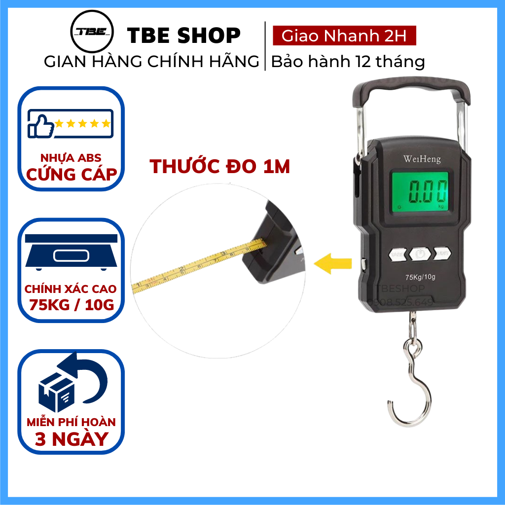 Cân Điện Tử Cầm Tay Cân Treo 75kg WH A22 Chính Hãng Có Thước Đo 1m Độ Chính Xác Cao Dùng Cân Hàng Hóa & Đi Câu - Bảo Hành 1 Năm ( Màu Đen ) TBE Shop