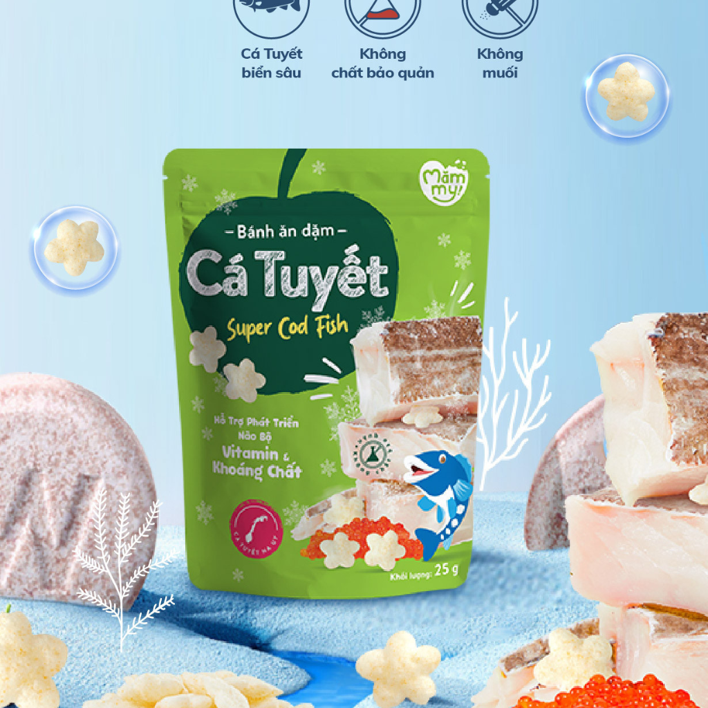 Bánh ăn dặm Mammy cho bé 6M+ Cá Tuyết / Phô Mai / Rong Biển – Không muối – Tan nhanh – Gói 25g