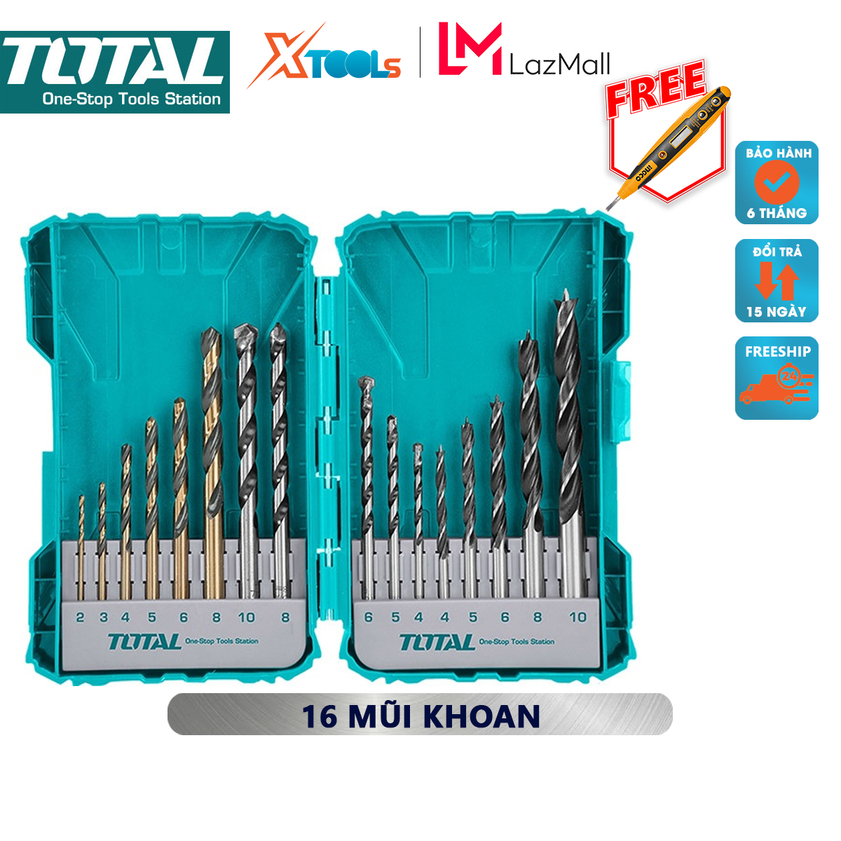Bộ 16 mũi khoan bê tông/gỗ/sắt thép/siết ốc vít total tacsdl11601 combo 16 mũi khoan đa năng bao gồm 6 mũi khoan kim loại 2,3,4,5,6,8mm 5 mũi khoan bê tông 4,5,6,8,10mm 5 mũi khoan gỗ 4,5,6,8,10mm