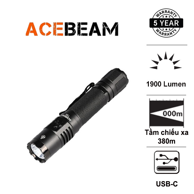 Đèn pin ACEBEAM T35 sáng 1900 lumens chiếu xa 380m pin 18650 2600mAh sạc USB C