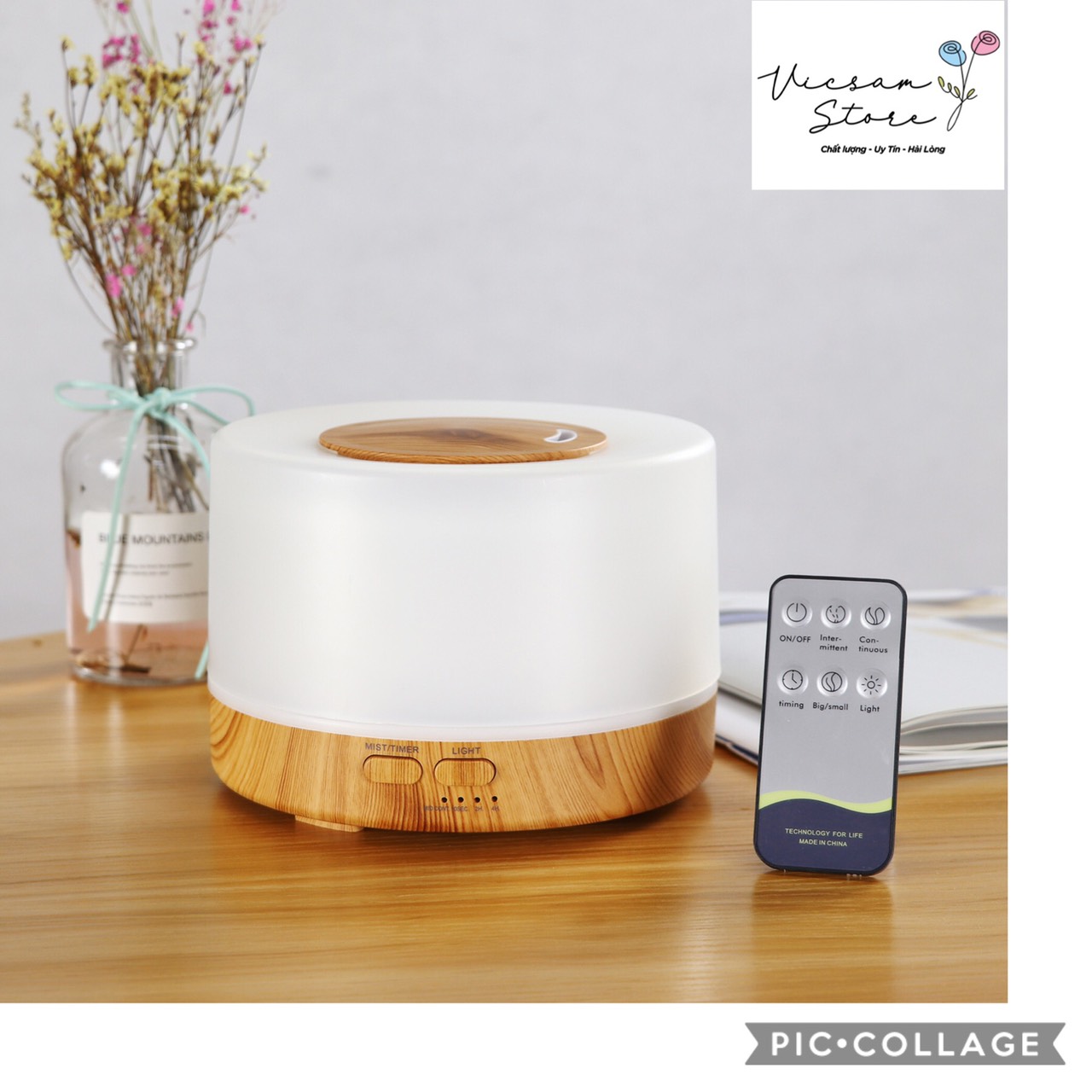 Máy Xông Tinh Dầu Khuếch Tán Phun Sương Tạo Độ Ẩm, Đèn Led Kèm Remote Điều Khiển 500ml