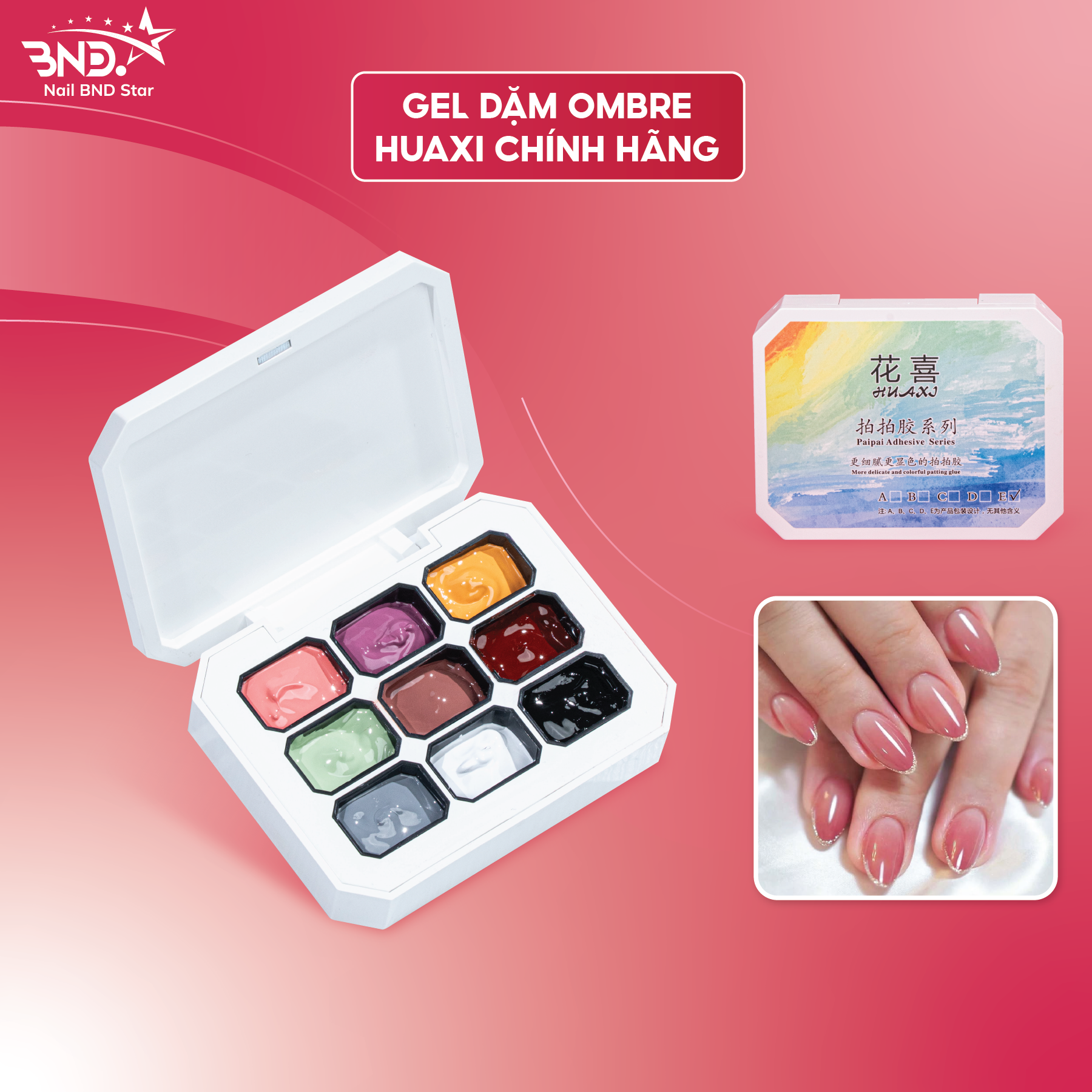 Gel dặm ombre Huaxi 9 màu chính hãng - Set 9 màu gel vẽ, dặm ombre chất mịn mướt, dễ tán không vón cục Nailbnd