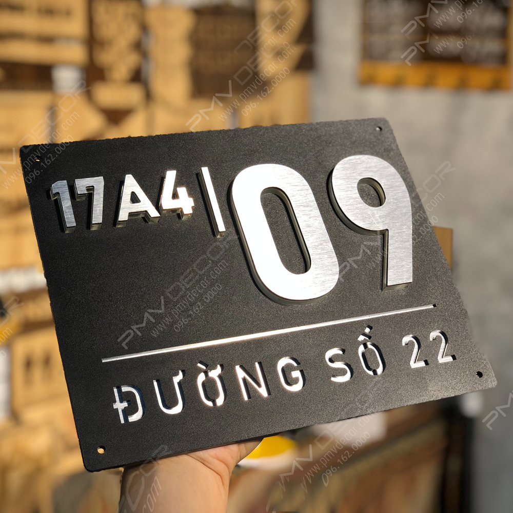 BẢNG, BIỂN SỐ NHÀ. Alcorest + Mica đen sần, số nổi 10mm, ngoài trời sang trọng tinh tế. BSN-PMV49