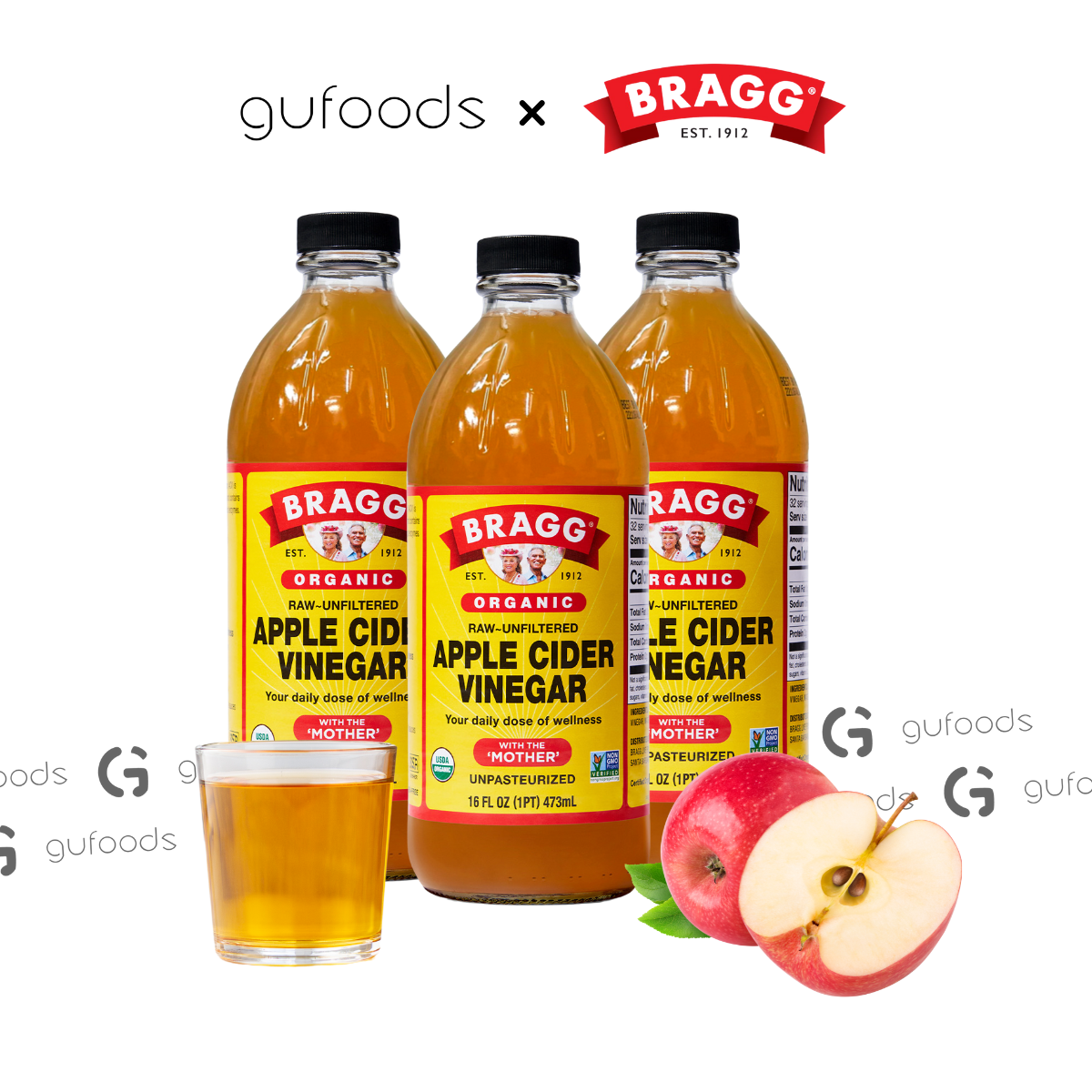 Combo 3 Giấm táo hữu cơ Bragg (mỗi chai 473ml) - Chứng nhận Organic USDA, Giữ nguyên giấm mẹ, Giàu lợi khuẩn, Hỗ trợ tiêu hóa, Tốt cho hệ miễn dịch, Đa dạng công dụng cho sức khoẻ và sắc đẹp