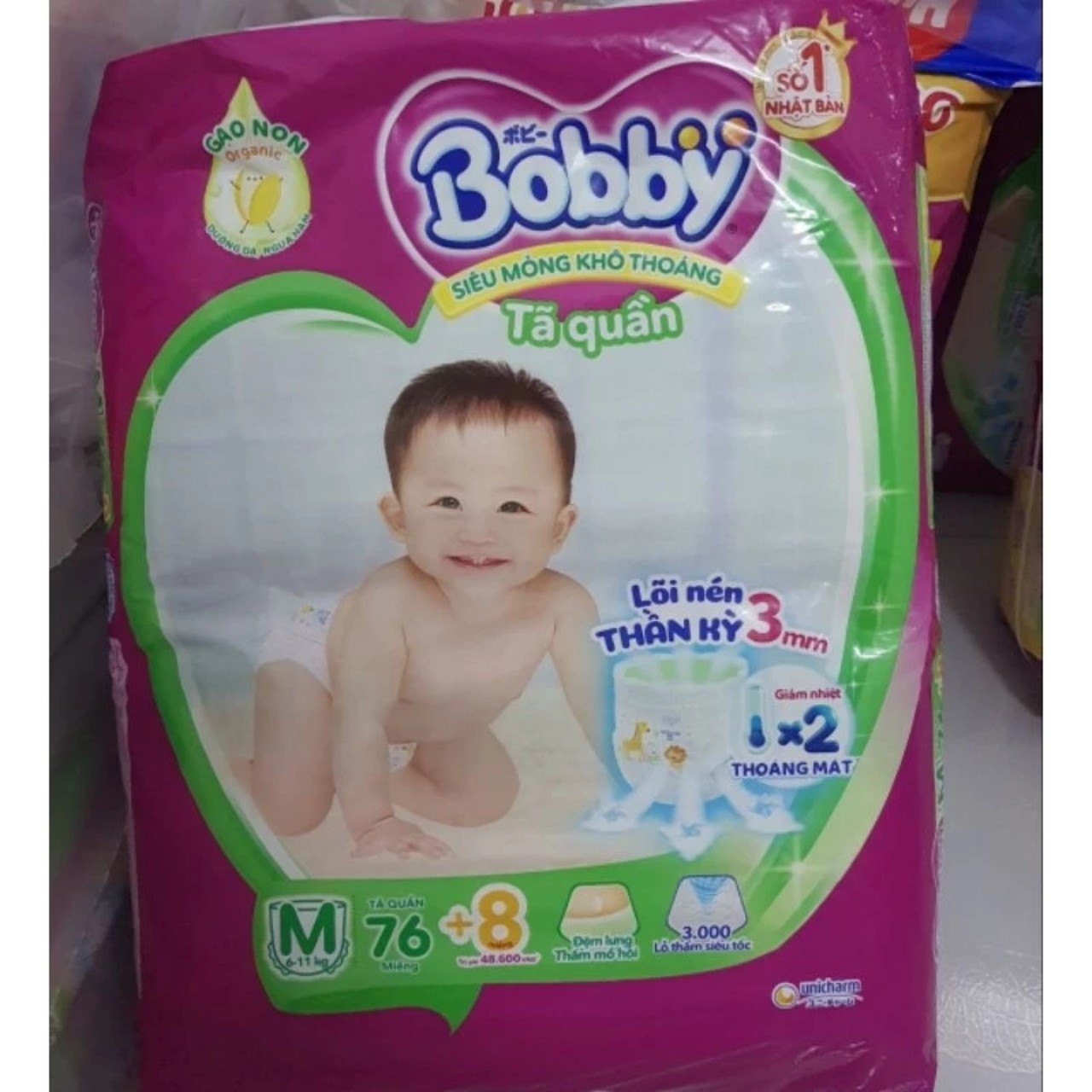 Tã quần Bobby M76+8 gạo non organic