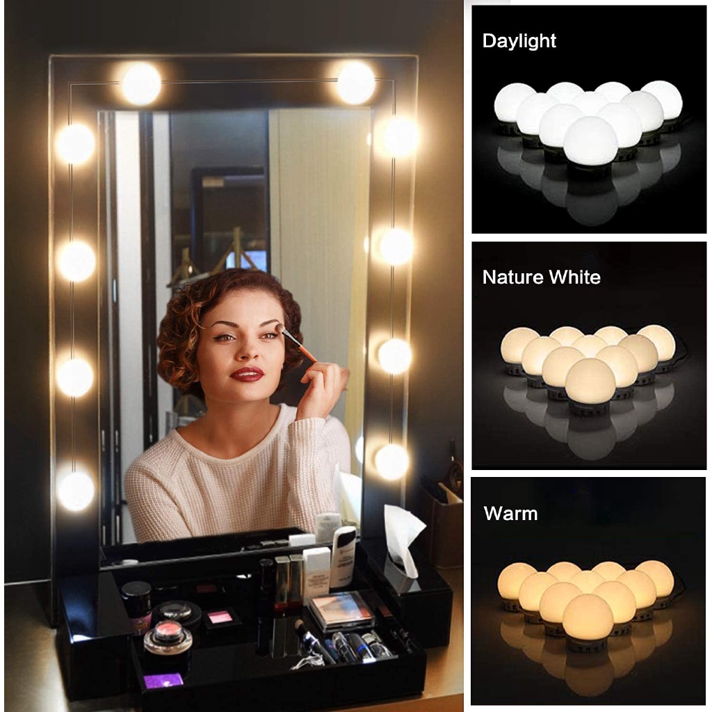 Bóng đèn gắn gương trang điểm hollywood 4/6/8/10 bóng đèn led có thể điều chỉnh độ sáng 3 chế độ, tăng giảm ánh sáng, cắm usb
