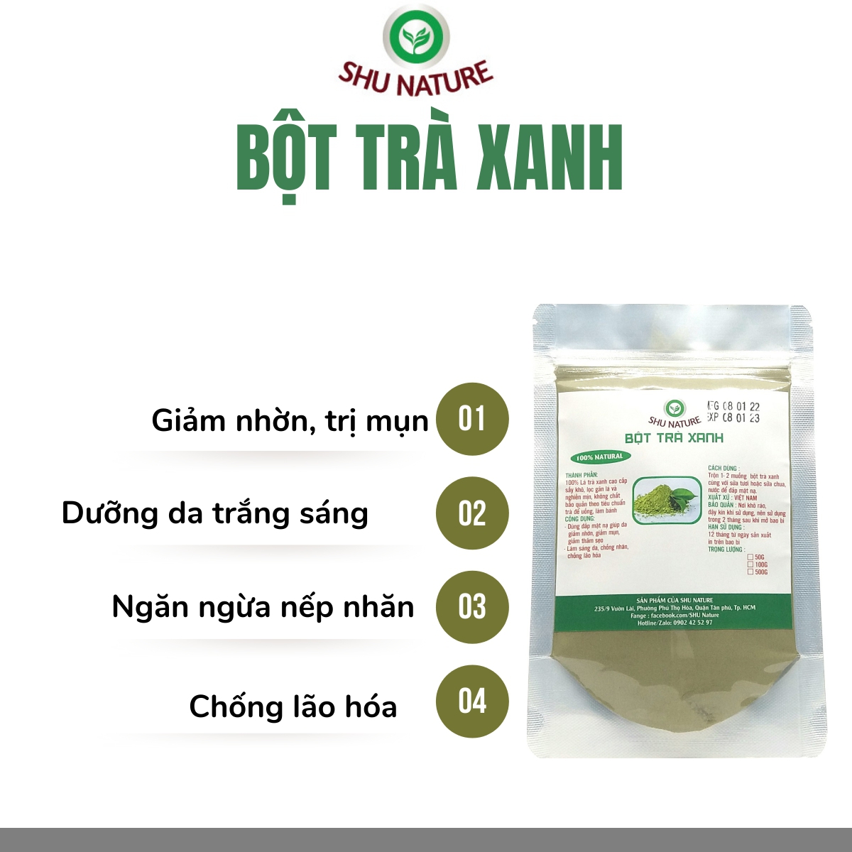Bột trà xanh đắp mặt SHU NATURE, 100% nguyên chất, giảm nhờn ngừa mụn, thu nhỏ lỗ chân lông , giảm thâm mắt, chống lão hóa da