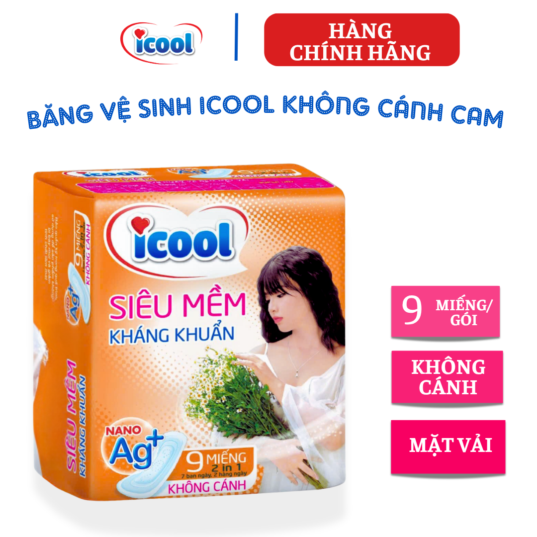 {Hàng chính hãng} Băng vệ sinh ICOOL không cánh cam mới 09 miếng, BVS ban ngày 24 cm, mặt vải  siêu mềm, không cánh, không mát  lốc 8 gói