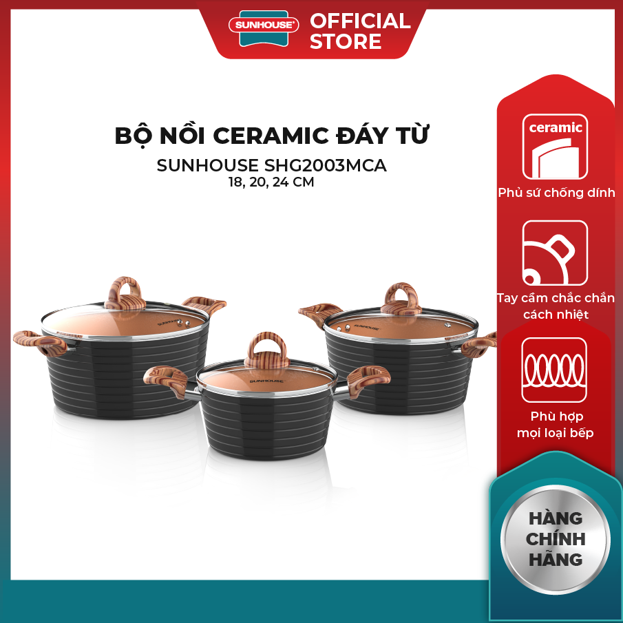 Bộ nồi ceramic đáy từ sunhouse shg2003mca - 18 20 24 cm - phủ sứ chống dính - phù hợp mọi loại bếp - hàng chính hãng