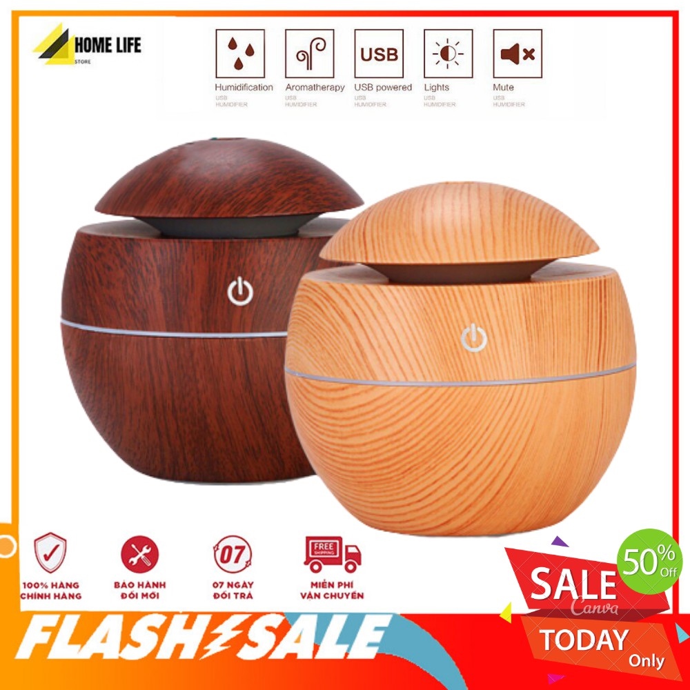 Máy phun sương khuếch tán tinh dầu tạo độ ẩm khử khuẩn không khí vân gỗ tròn