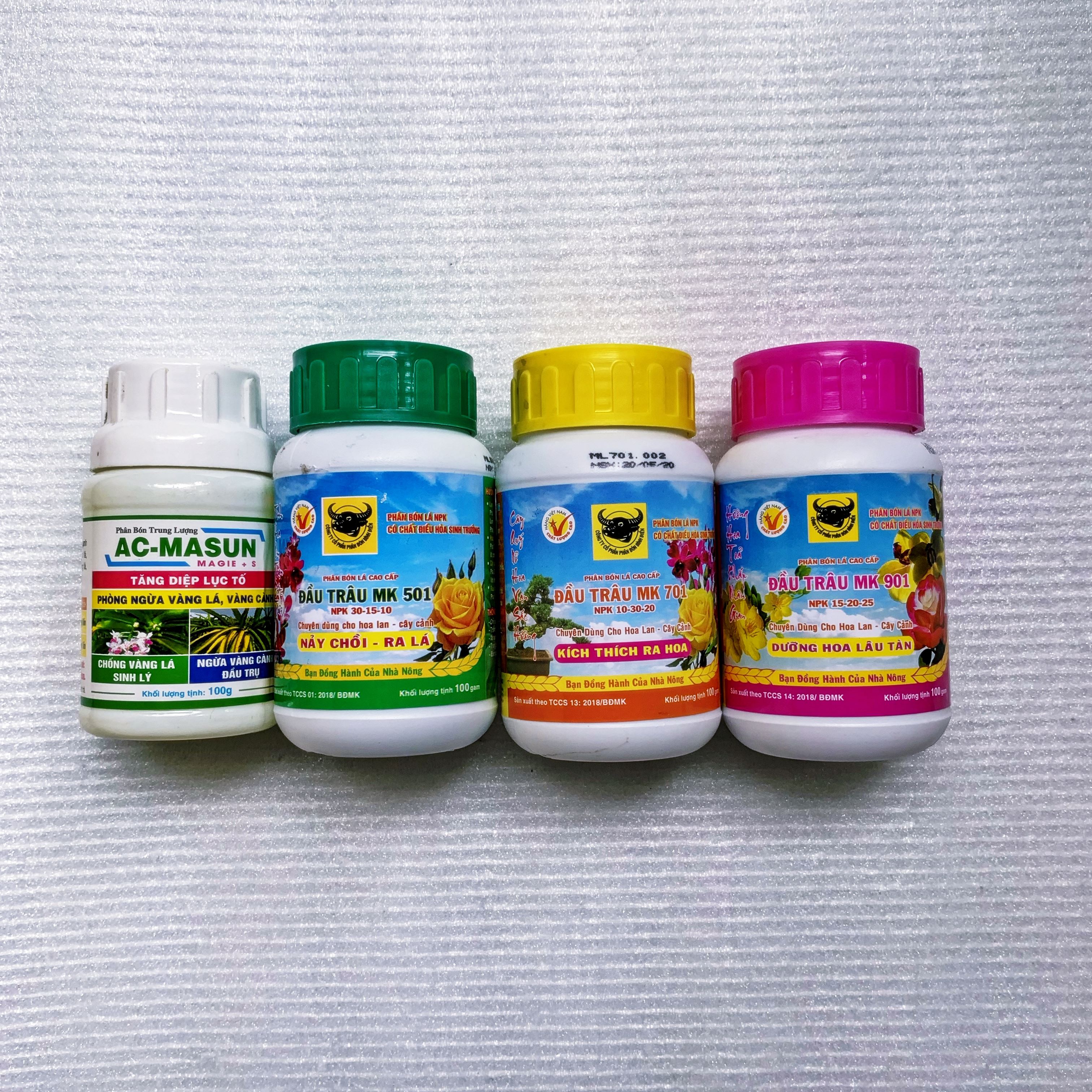 Combo 4 lọ phân bón lá npk hiệu đầu trâu 501 701 901 ac masun chăm sóc lan và cây cảnh toàn diện - phan bon la dau trau 501701901acmasun